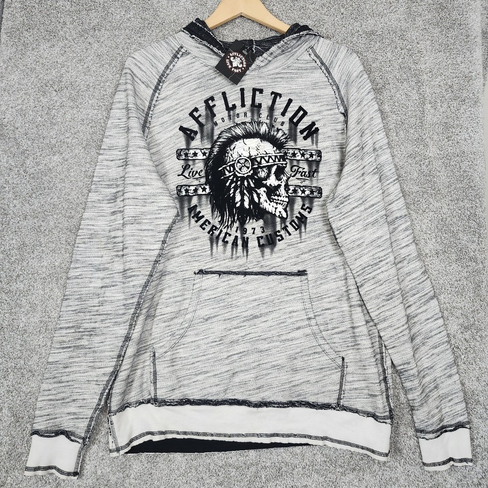 Affliction Hoodie Y2K Mens Large Gray Reversible Skull Live Fast Biker Graphic